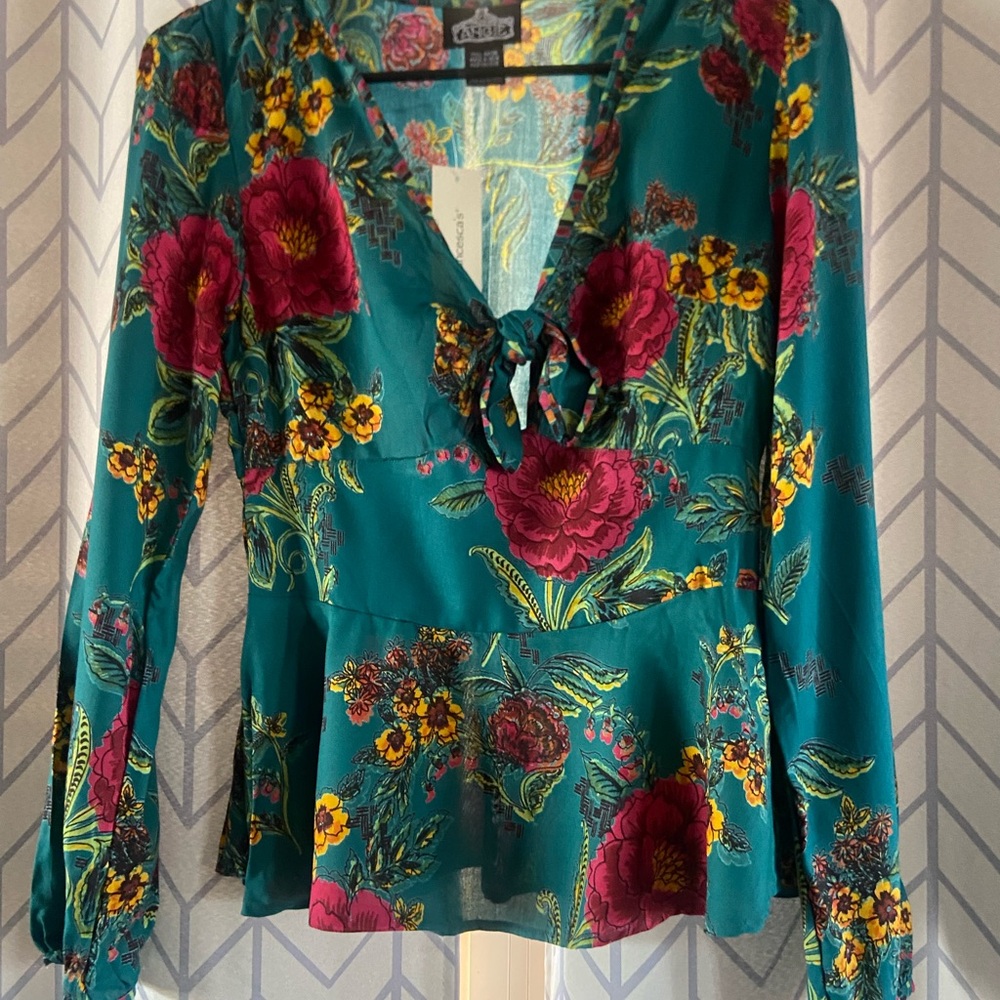 Angie Red and Green Tie Front Peplum Blouse